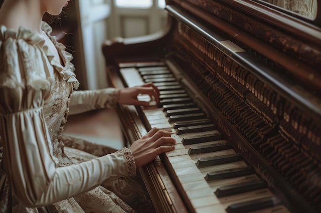 A woman in a vintage 18thcentury dress is playing the piano