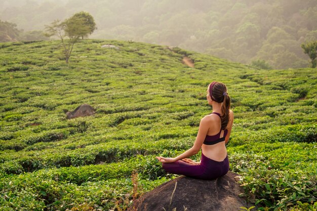 Donna in panno viola che fa yoga nelle piantagioni di tè nella collina di munnar kerala india