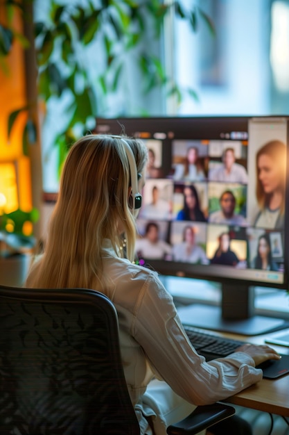 Foto donna in riunione virtuale con colleghi sul monitor