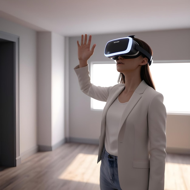 Foto donna con occhiali di realtà virtuale che guarda l'interior design