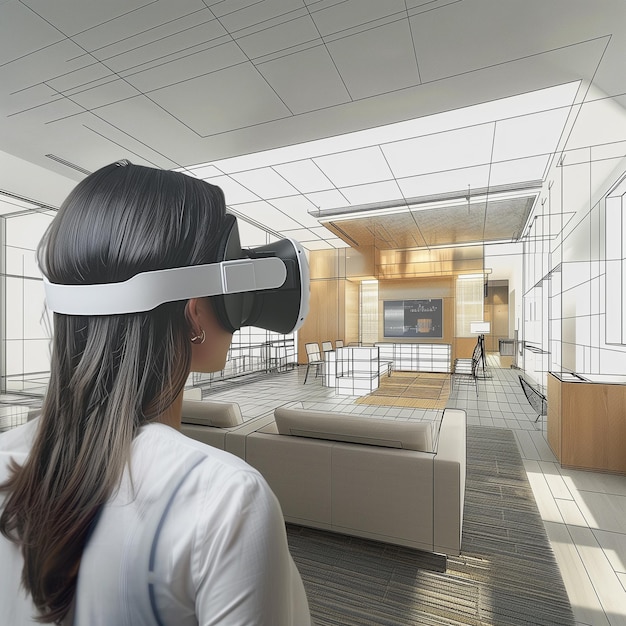 Photo woman in virtual reality glasses looking at interior design