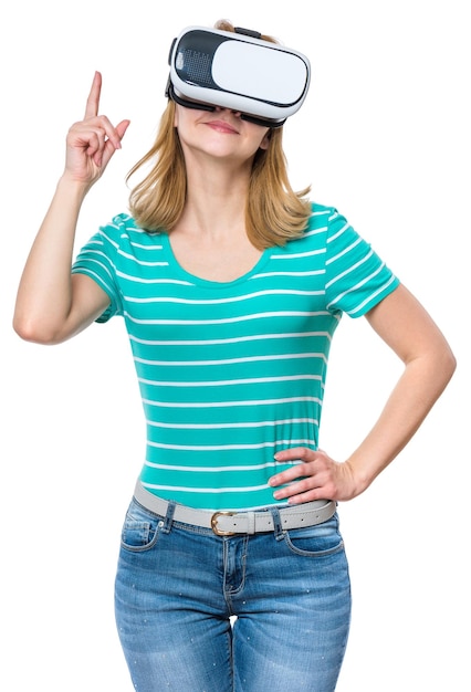 Woman in Virtual Reality Glasses on white background Girl pointing finger up during using VR device