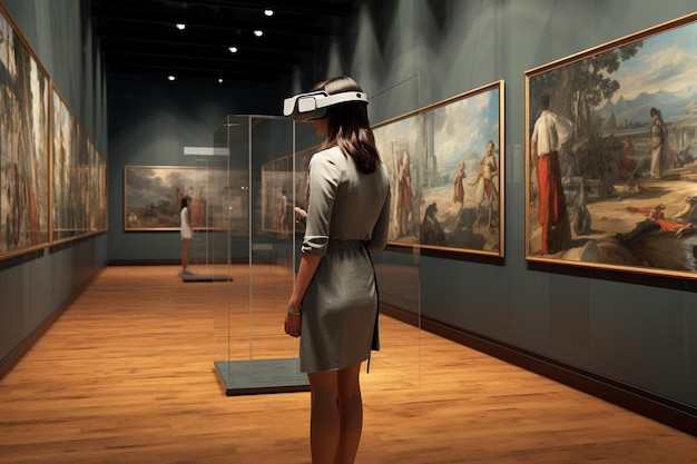 A woman in a virtual reality headset is looking at a display.