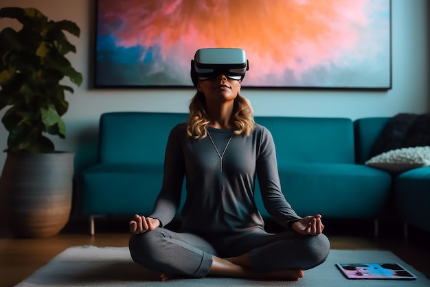A woman in a virtual reality headset sits in front of a monitor.