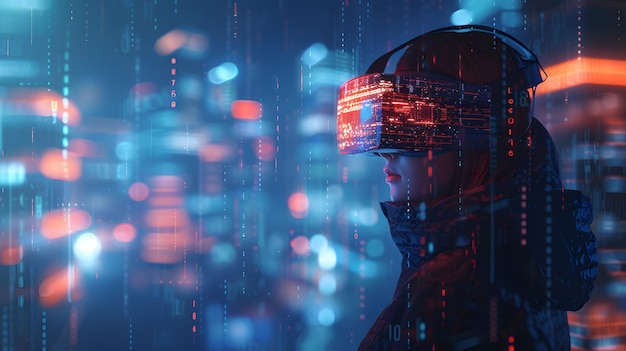 Woman in Virtual Reality Headset With Cityscape