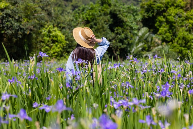 Женщина посещает цветочное поле с цветом iris tectorum