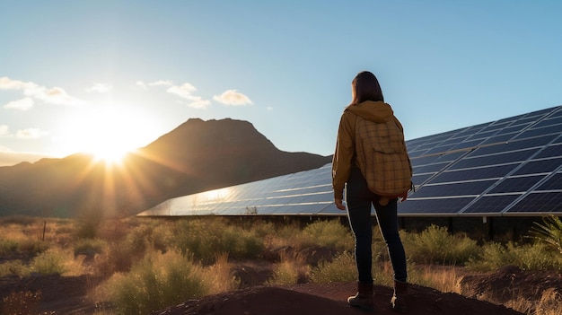 A woman visits a solar farm learning about the history and future of solar energy