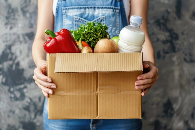 Руки женщины-добровольца с коробкой для пожертвований продуктов питания с продуктами питания
