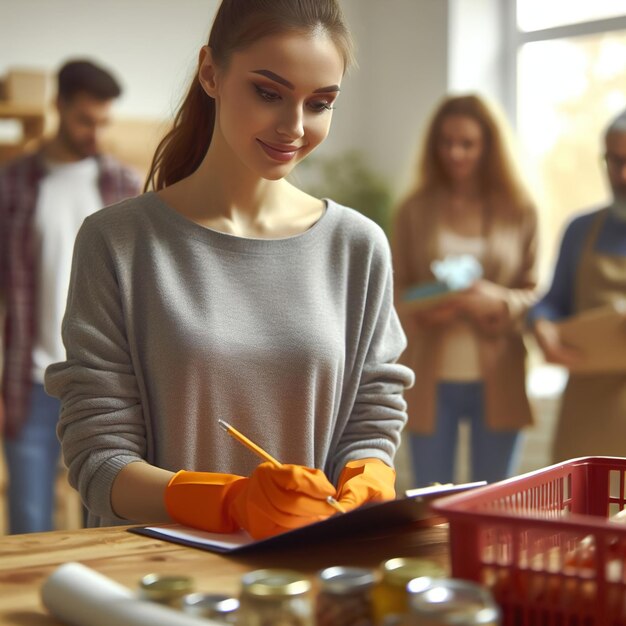 Foto una donna volontaria sta registrando il lavoro.