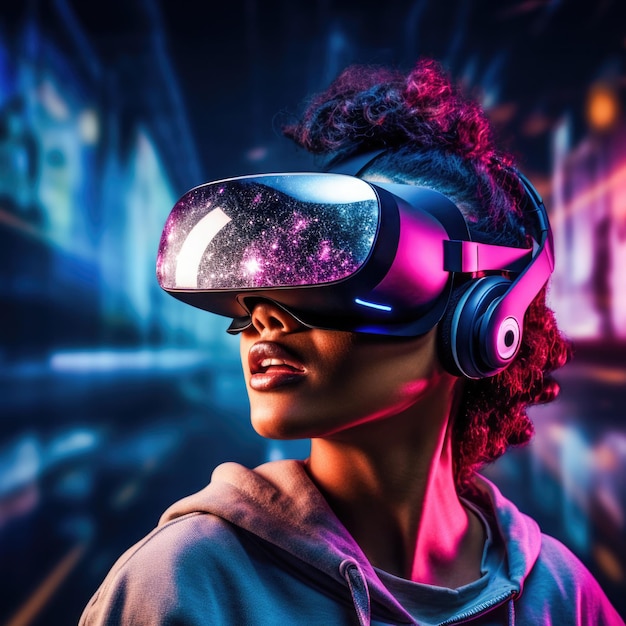 Woman in VR over dark glowing background