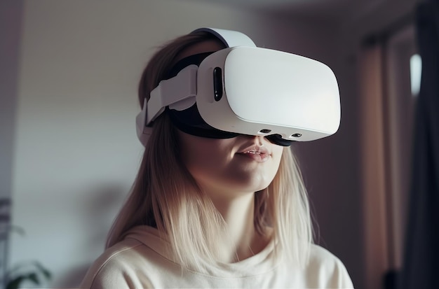 Woman in vr glasses at home Generate Ai