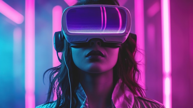 Foto donna con occhiali vr nello spazio al neon