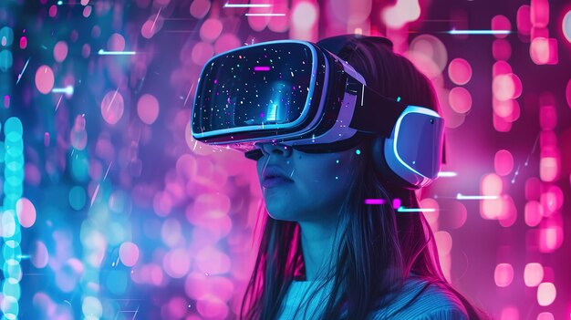 ネオンスペースでVRメガネをかぶった女性