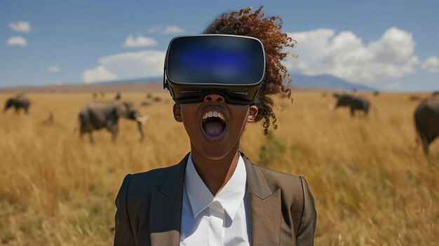 Photo woman in vr headset experiencing virtual safari adventure elephants in background ai generated