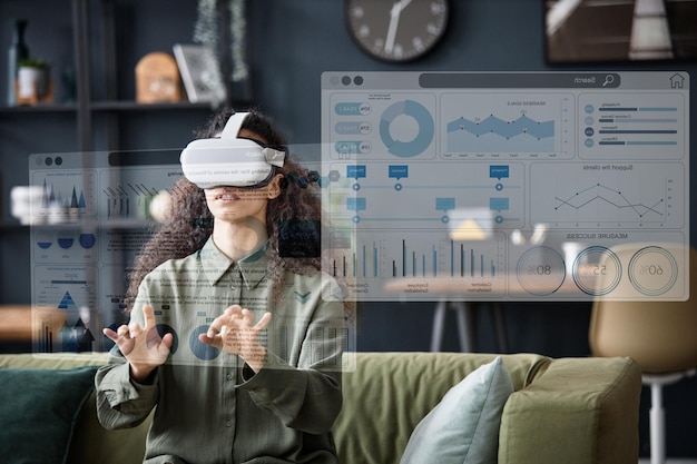 Woman in vr headset using app