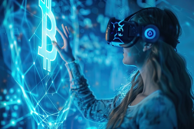 Woman in VR touching bitcoin symbol on blue background