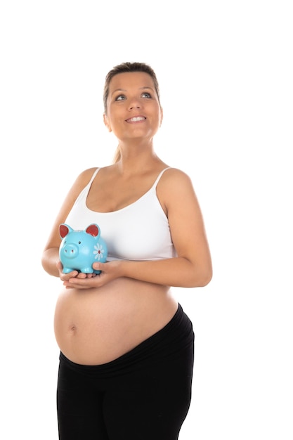 Woman waiting for baby holding a moneybox