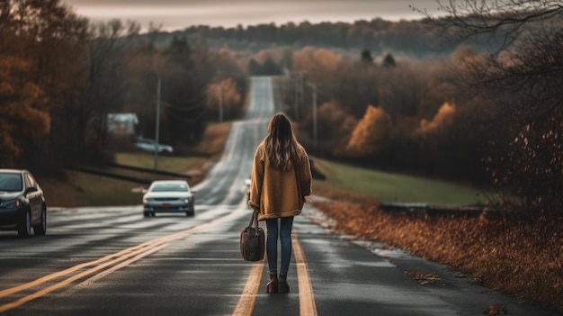 Foto donna in attesa di un passaggio sul lato della strada