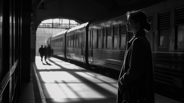 Woman waiting train front view