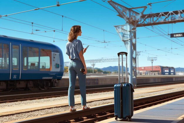 Photo woman waiting for train at train station