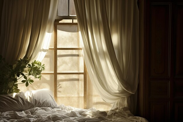 写真 太陽が昇るときにホテルの部屋で女性が目覚め,カーテンを開ける
