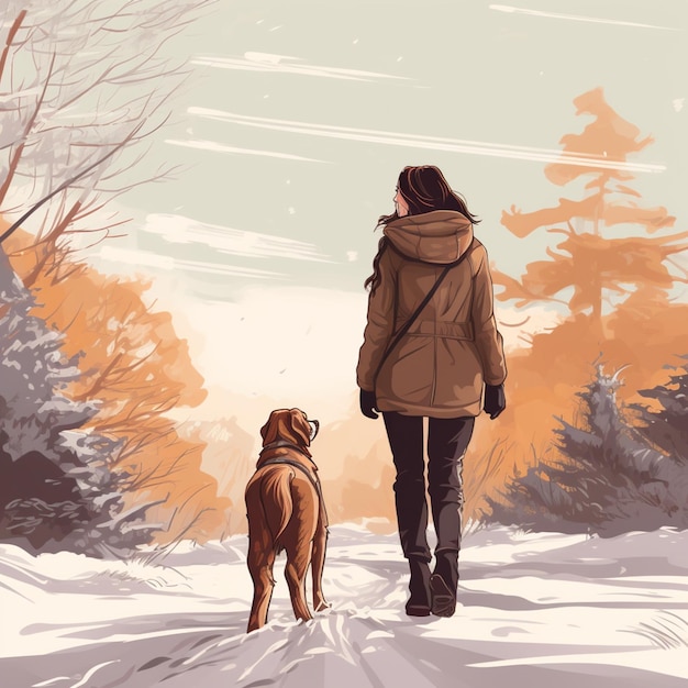 A woman on a walk with her dog