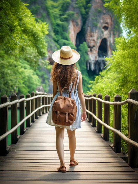 Photo a woman walking across a bridge carrying a bag