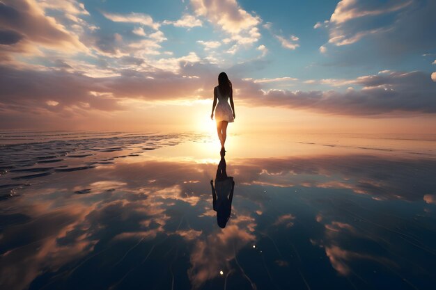 Woman Walking Across Large Body of Water