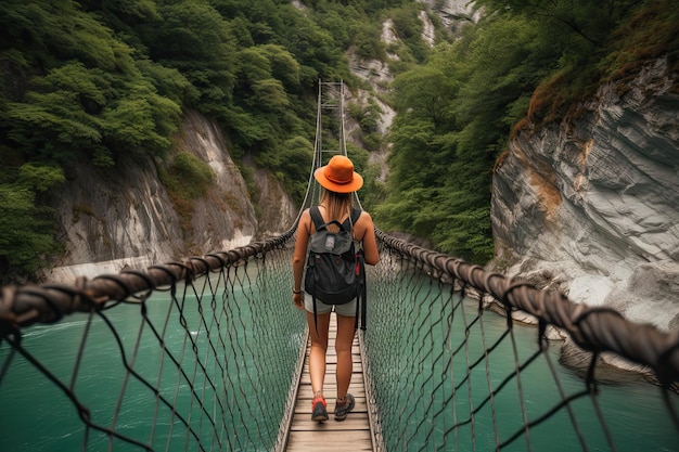 a woman walking across a suspension bridge in the middle of a river surrounded by lush green trees and cliffs behind