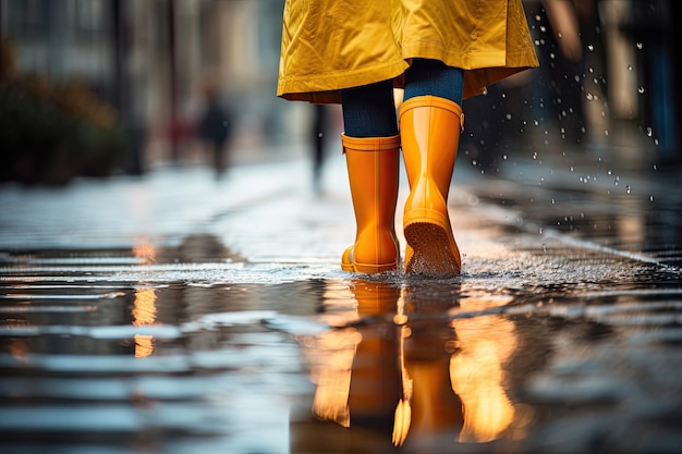 雨 の 後 で 歩い て いる 女性