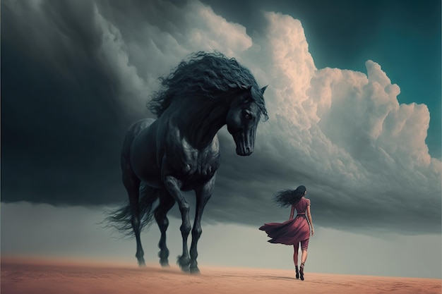 Woman walking alone in the desert A woman walking on a desert to the giant horsemanshaped storm Digital art style illustration painting