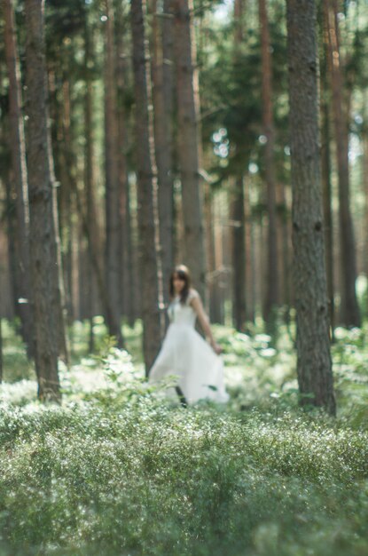 Foto donna che cammina tra gli alberi della foresta