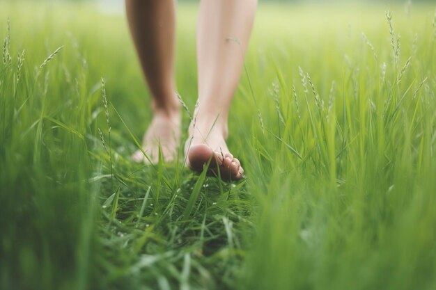 緑の草の上を裸足で歩く女性