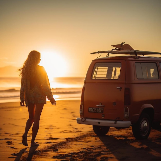 a woman walking on a beach next to a van