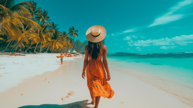 A woman walking on a beach wearing a hat and a sun hat