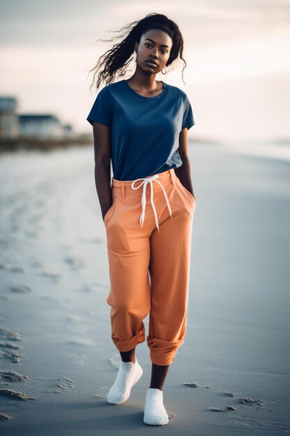 Premium Photo  A woman walking on the beach wearing orange pants