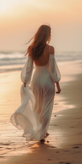 Woman walking on the beach in white dress