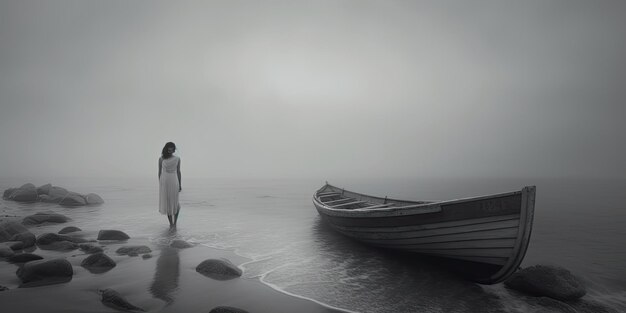 A woman walking on the beach with a boat in the background.