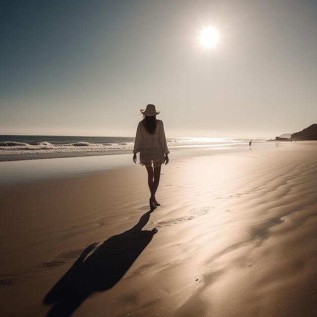 A woman walking on the beach with the sun shining on her shirt.