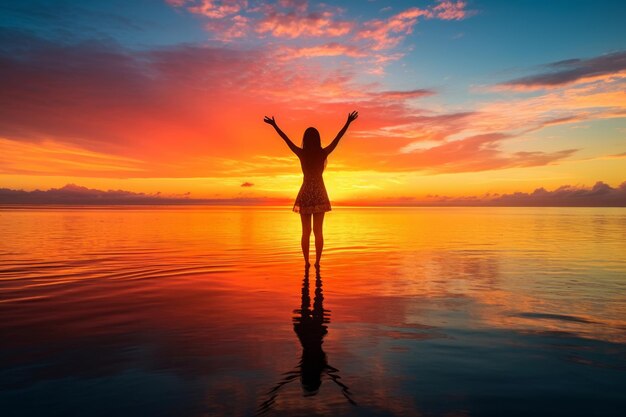 Photo woman walking by the sea at sunset