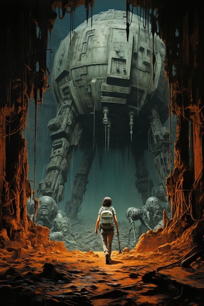 a woman walking in a cave with giant robot