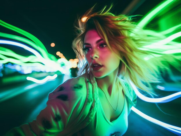 Photo woman walking confidently through the vibrant neon lit streets