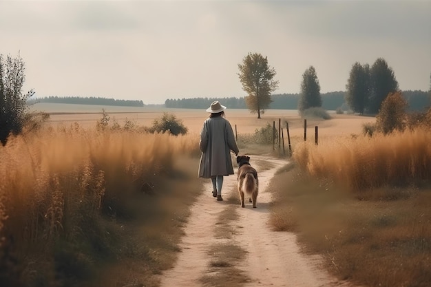 A woman walking a dog on a dirt road