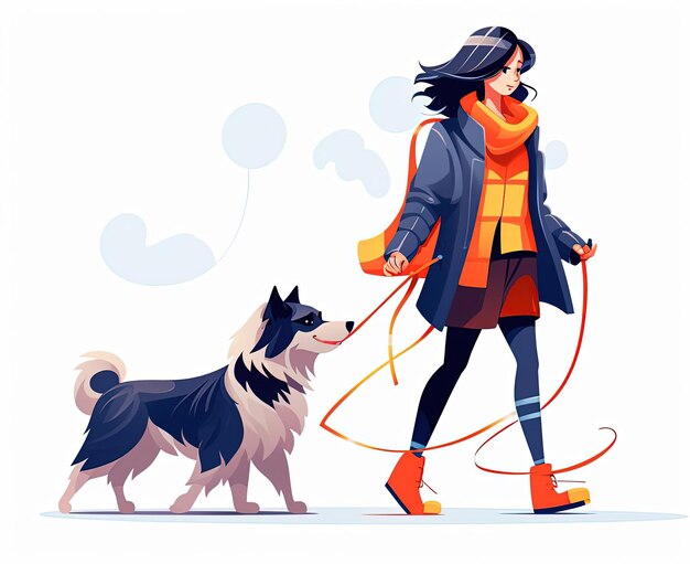 a woman walking a dog with a leash attached to her collar