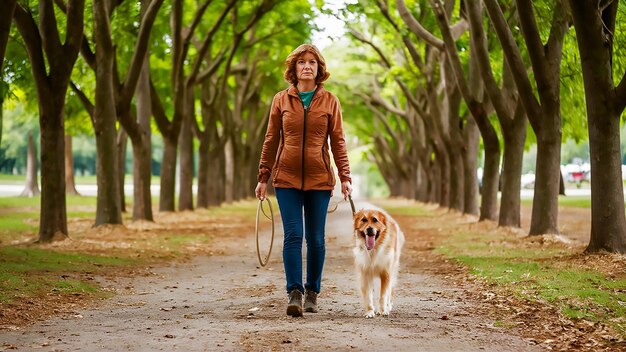 首にリードをつけて犬を散歩させる女性