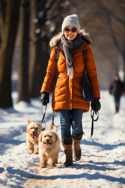 Woman walking dogs in the snow ai