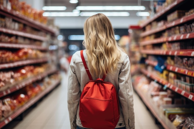 Woman walking down aisle and shopping in supermarket