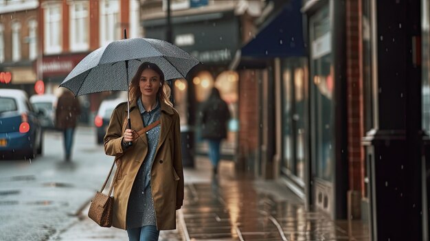 A woman walking down a city street holding an umbrella