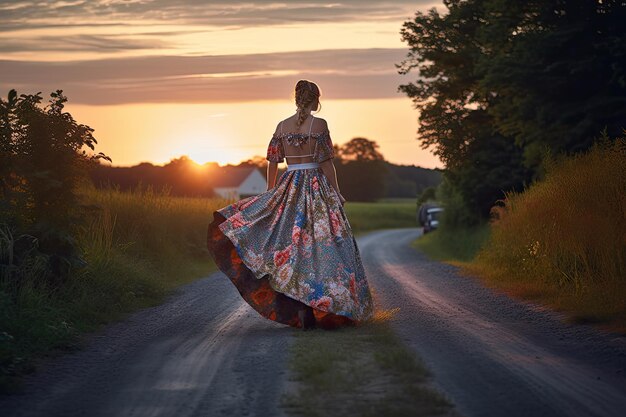 A woman walking down a dirt road in a dress Generative Ai