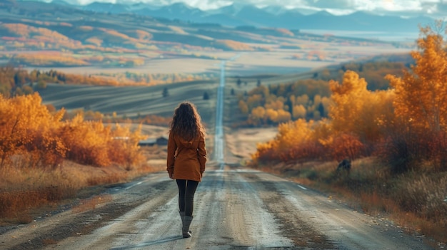 Photo woman walking down dirt road